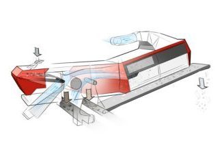 Concept sketch of an industrial sorting machine with arrows showing material flow and separation points.