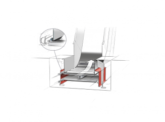 Technical concept sketch of a conveyor section with support structure and inset detail callout.