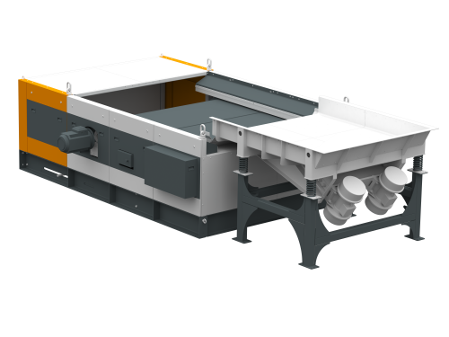 Industrial screening or sorting machine with a feed hopper, vibrating motors, and enclosed mechanical housing.