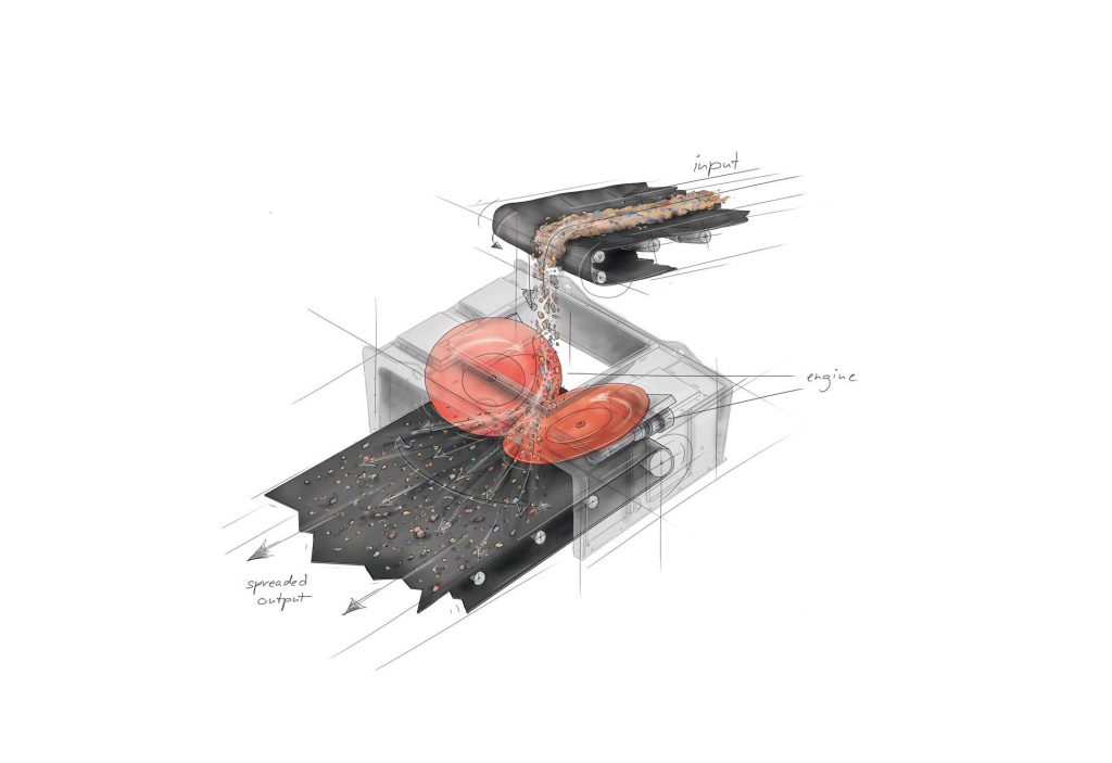 Concept sketch of a material processing machine with an input conveyor feeding debris into rotating discs and a spread-out output belt.