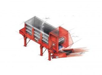 Sketch of a red industrial screening or sorting machine with a hopper and conveyor output.