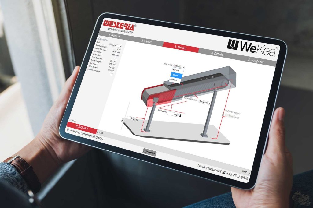 Person holding a tablet displaying an industrial equipment design interface with dimensions, settings, and a 3D conveyor model.